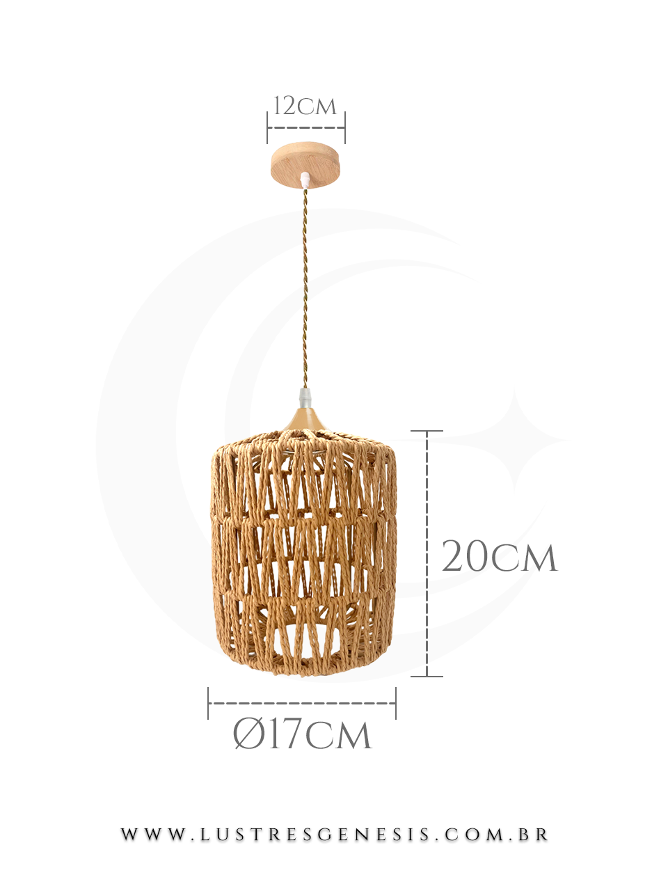 Pendente de teto feito de sisal e madeira, estilo rústico, com dimensões de 20 cm de altura por 17 cm de diâmetro, ideal para mesas, balcão de cozinha, área gourmet e sítios.
